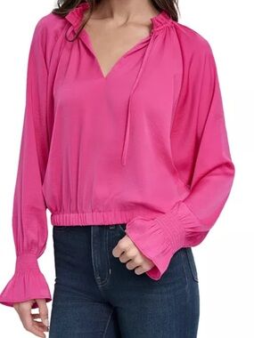 DKNY Jeans Bright Pink Smocked Cuff Raglan Sleeve Blouse Top Long Sleeves M